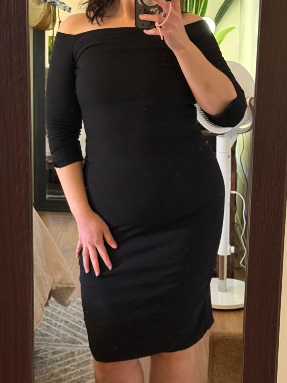 Zara Basic Black Knee Length Off Shoulder Midi Dress